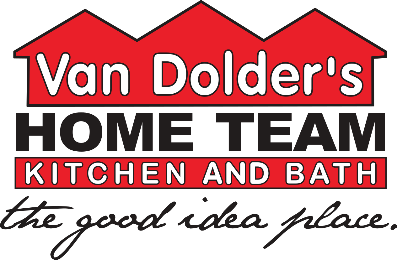 Van Dolder's Home Team logo with red roof-shaped background, black, red, and white text, and a black handwritten tagline reading 'the good idea place'.