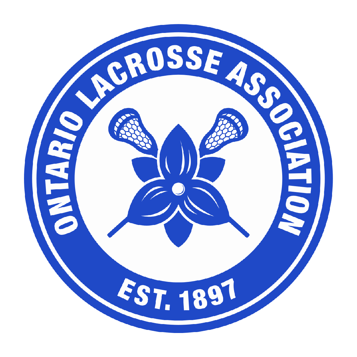 Logo of the Ontario Lacrosse Association (OLA) with lacrosse sticks and trillium in the center, blue and white color scheme, established 1897.