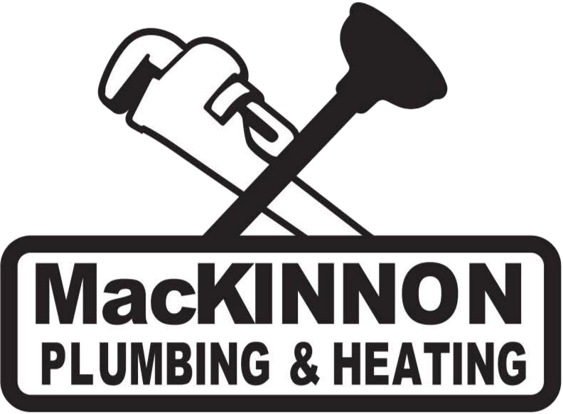 Logo for MacKinnon Plumbing & Heating featuring a pipe wrench and a plumbing pipe