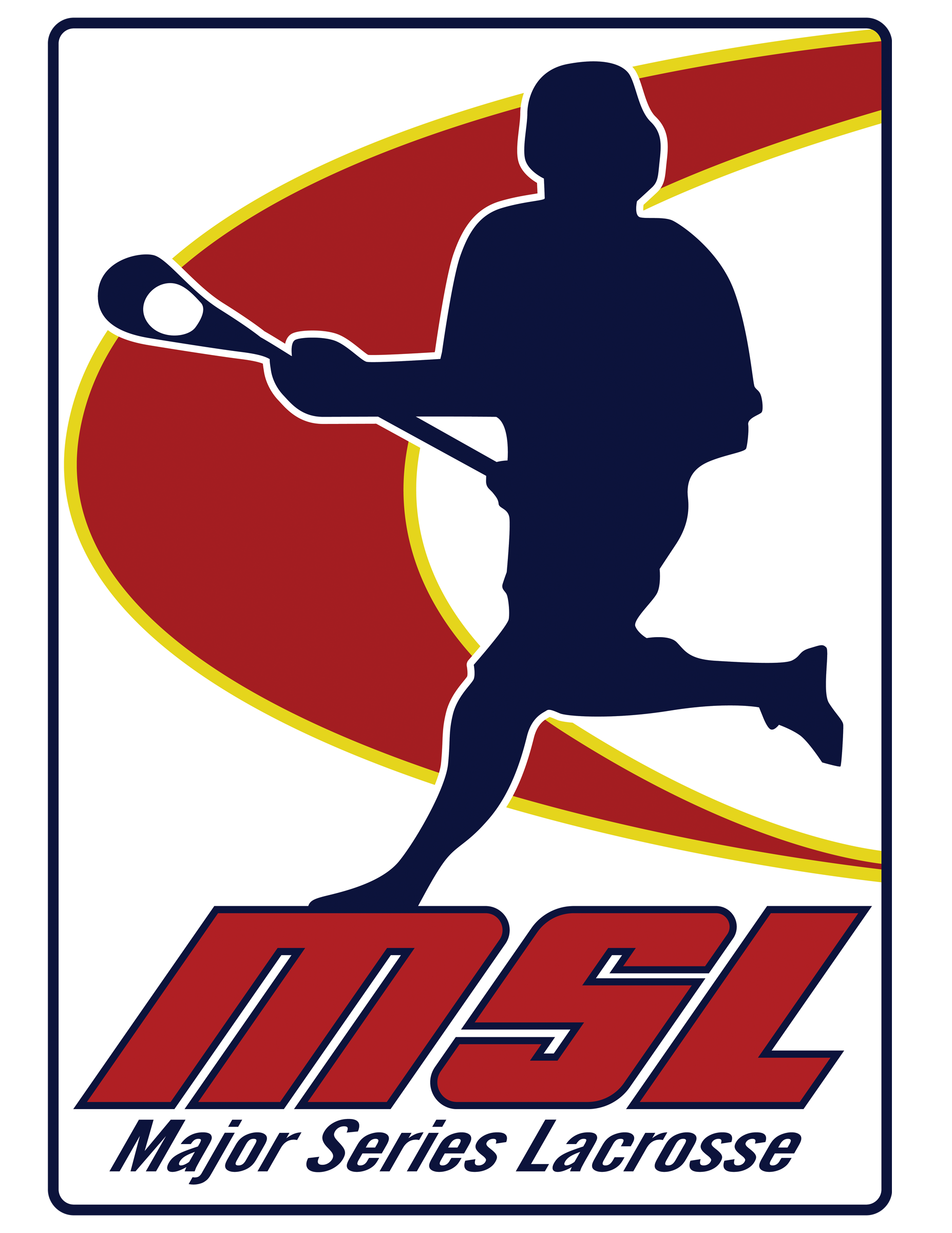 Logo for Major Series Lacrosse featuring a silhouette of a lacrosse player with a lacrosse stick, set against a stylized red and yellow background with the text "Major Series Lacrosse" below.