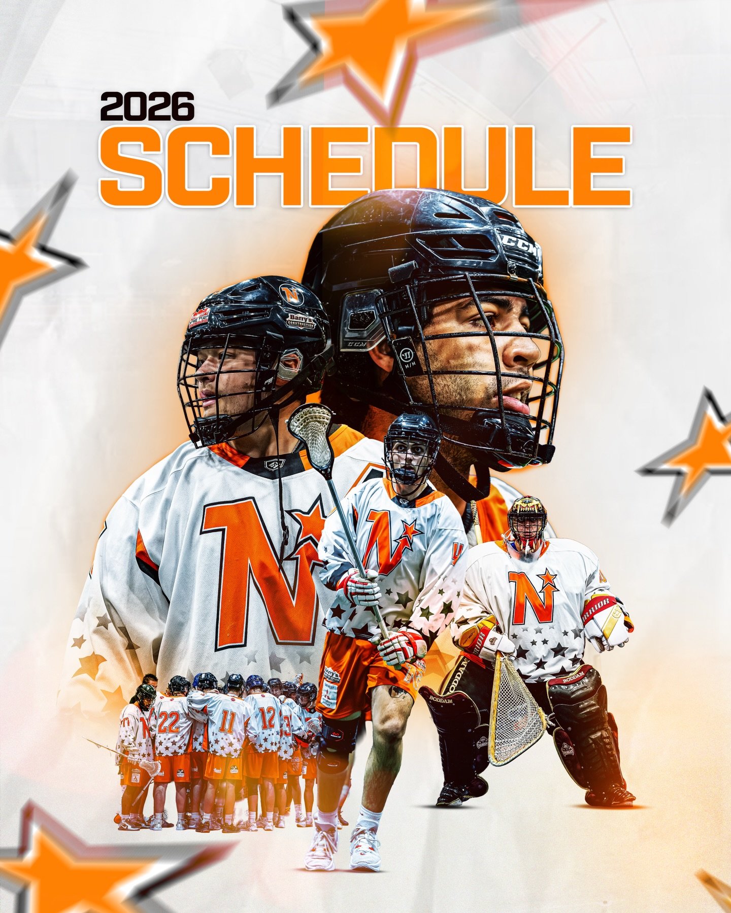 2026 lacrosse team poster with two large box lacrosse players in jerseys with a Owen Sound North Stars logo, a smaller image of a player, a team huddle, and the text "2026 SCHEDULE" at the top, set against a background with stars and orange accents.