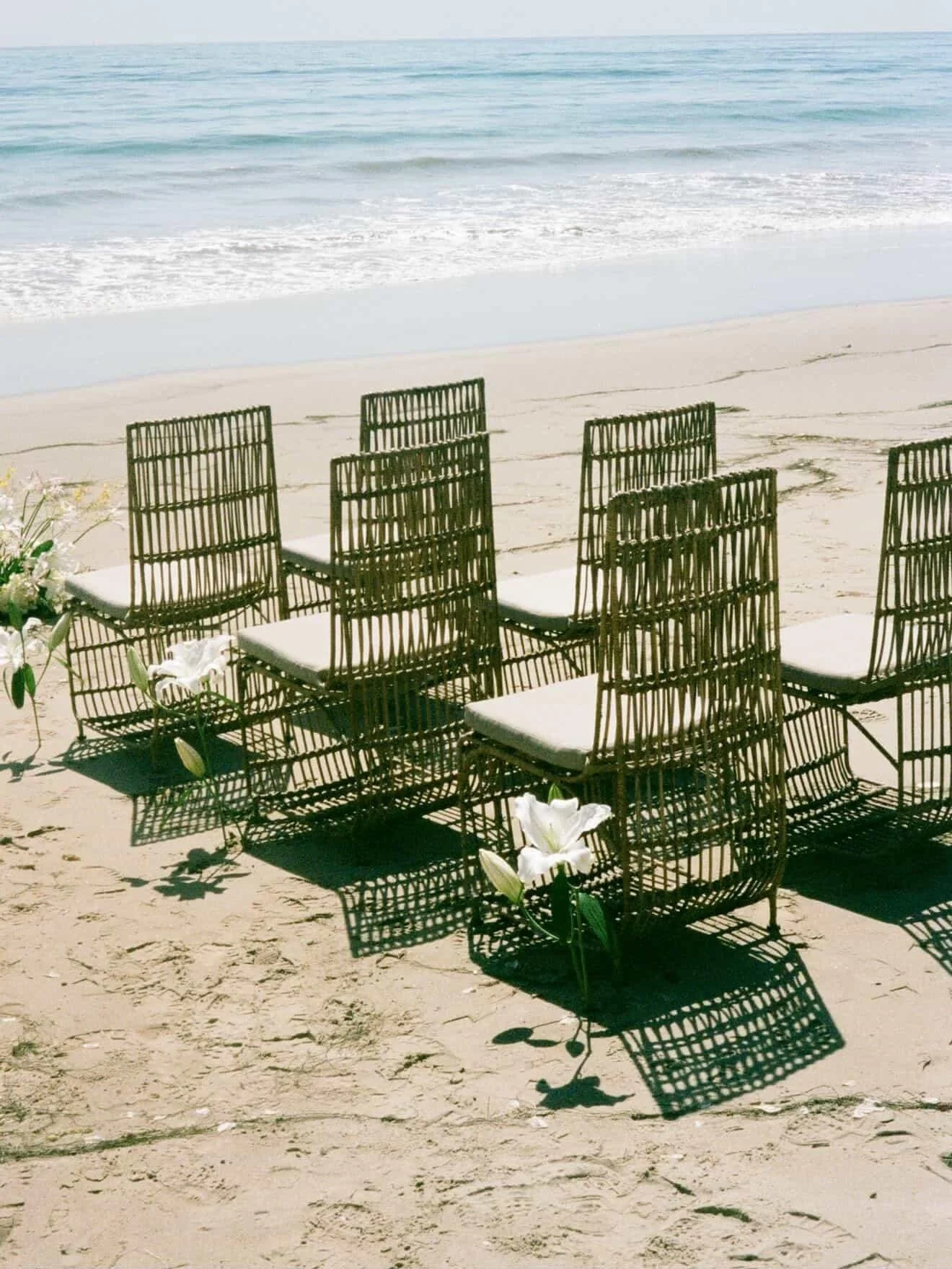 Several black wicker chairs with white cushions are arranged on a sandy beach near the shoreline, with white lilies and green foliage in front of the chairs, and the ocean waves in the background.