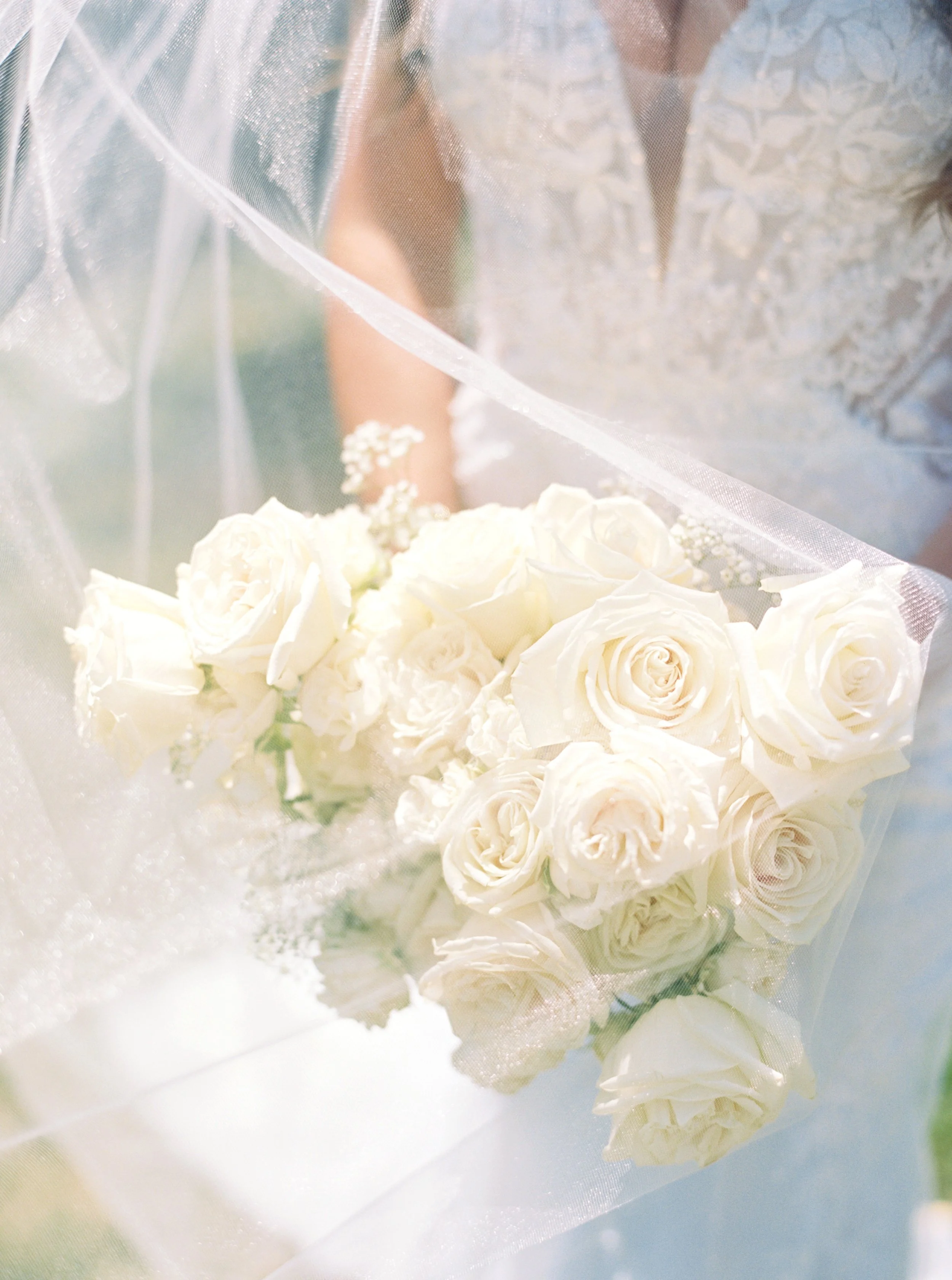 A bouquet of white roses wrapped in sheer white fabric with a glittery texture.
