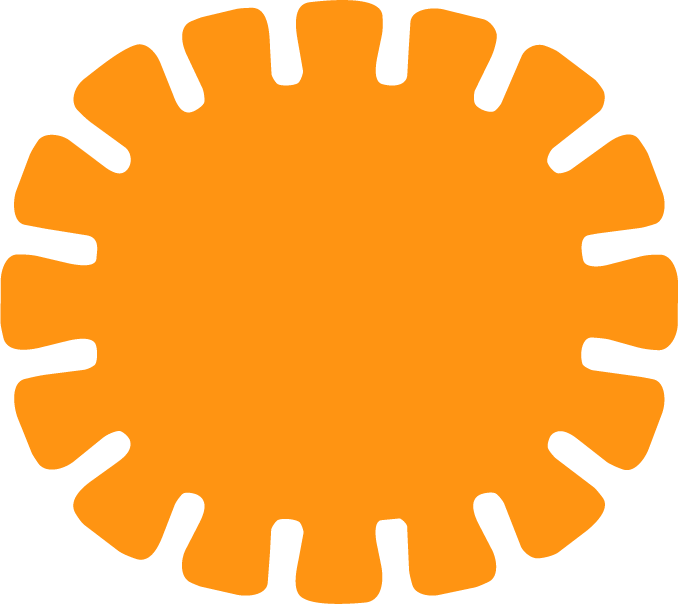 Orange circular shape resembling a stylized sun or flower with alternating elongated and short petals.