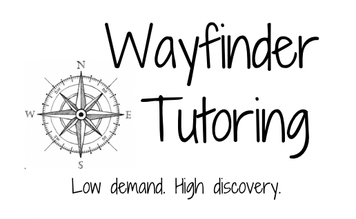 A logo with a compass and the text 'Wayfinder Tutoring' and the tagline 'Low demand. High discovery.'