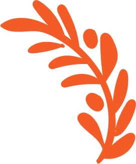 Orange decorative botanical element with stylized leaves and berries.
