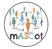 Logo featuring the word 'Mascot' with illustrated human figures connected by lines, representing a network or community.