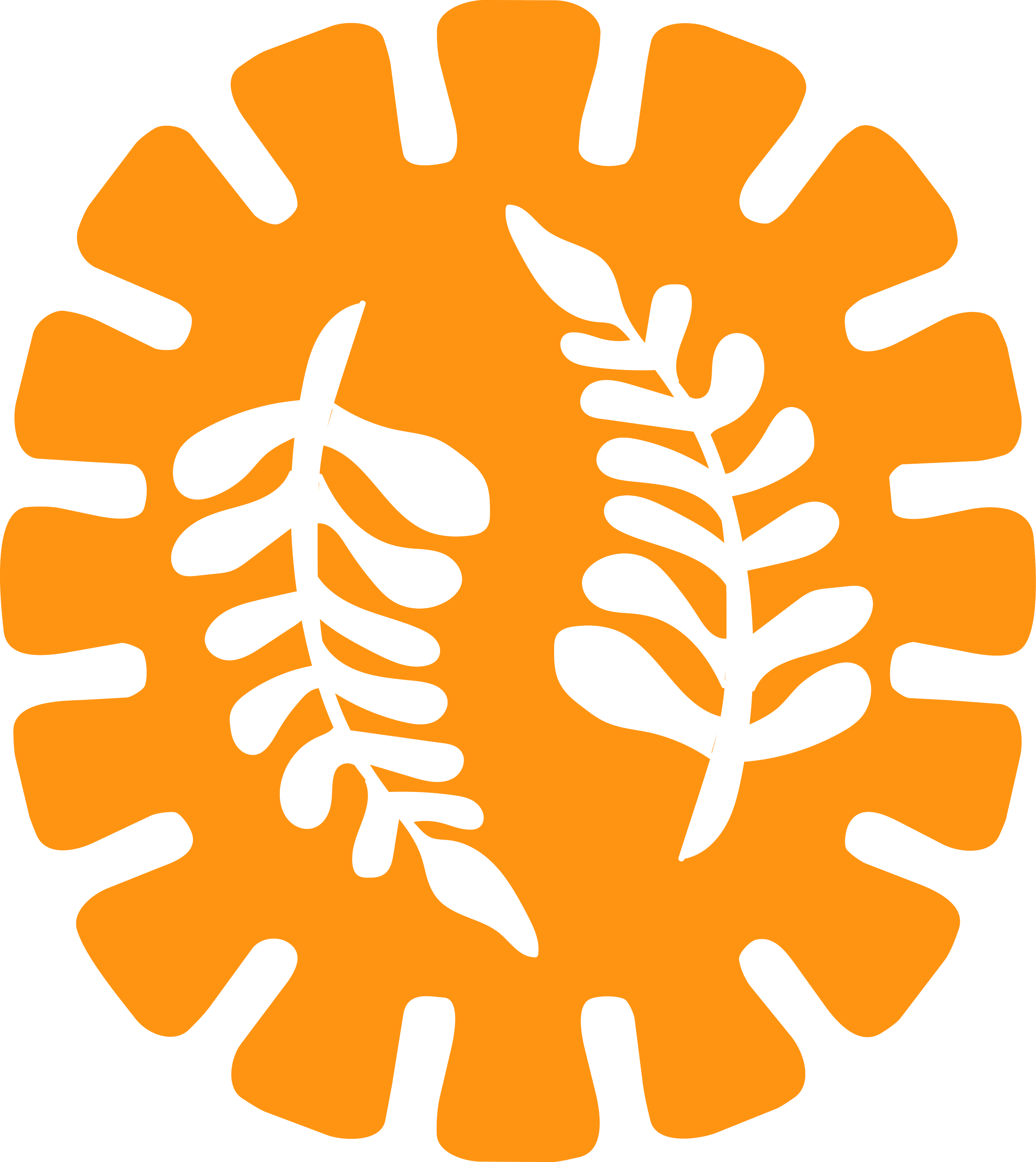 Black silhouette of a hand making an OK gesture overlaying an orange silhouette of a tray or platter with leaf patterns.