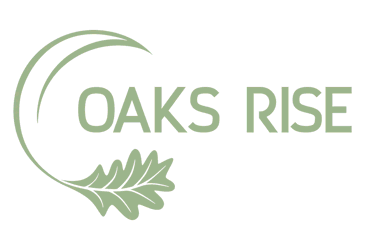 Oaks Rise logo with stylized tree and leaf elements in green and gray