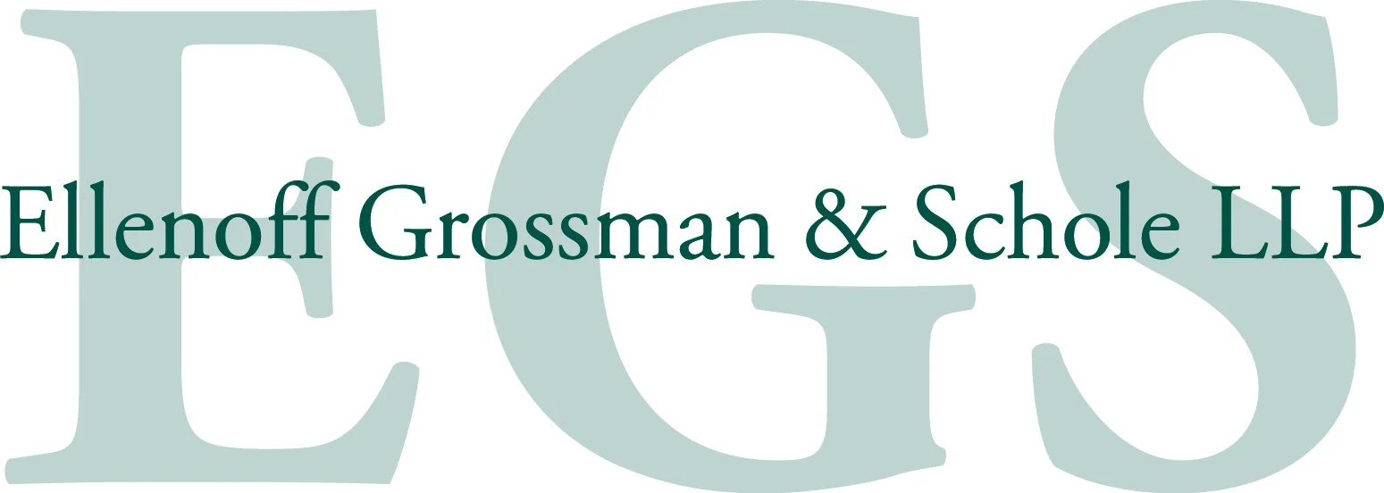 Logo of Ellenoff Grossman & Schole LLP with large light gray letters and dark green text overlay