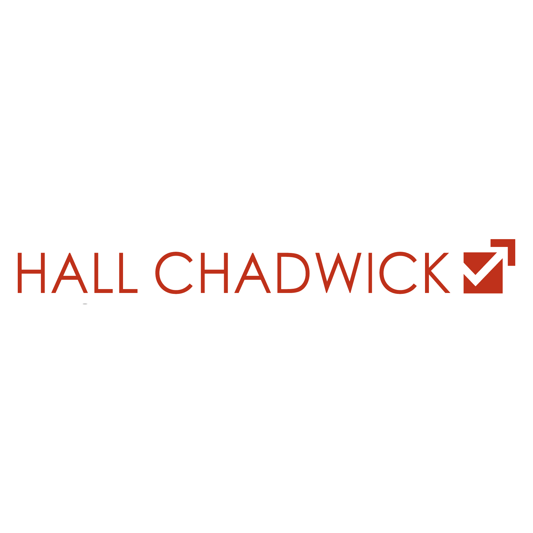 Black background with orange and white text: "HALL CHADWICK" and a small arrow pointing upwards.