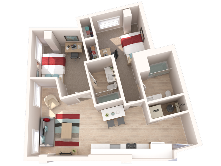 The Penny on College Main The Flip floor plan, 777 square feet, 2 bed 2 bath in College Station, TX