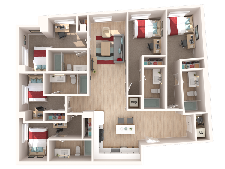 The Penny on College Main The Shuffle floor plan, 1511 square feet, 5 bed 5 bath in College Station, TX