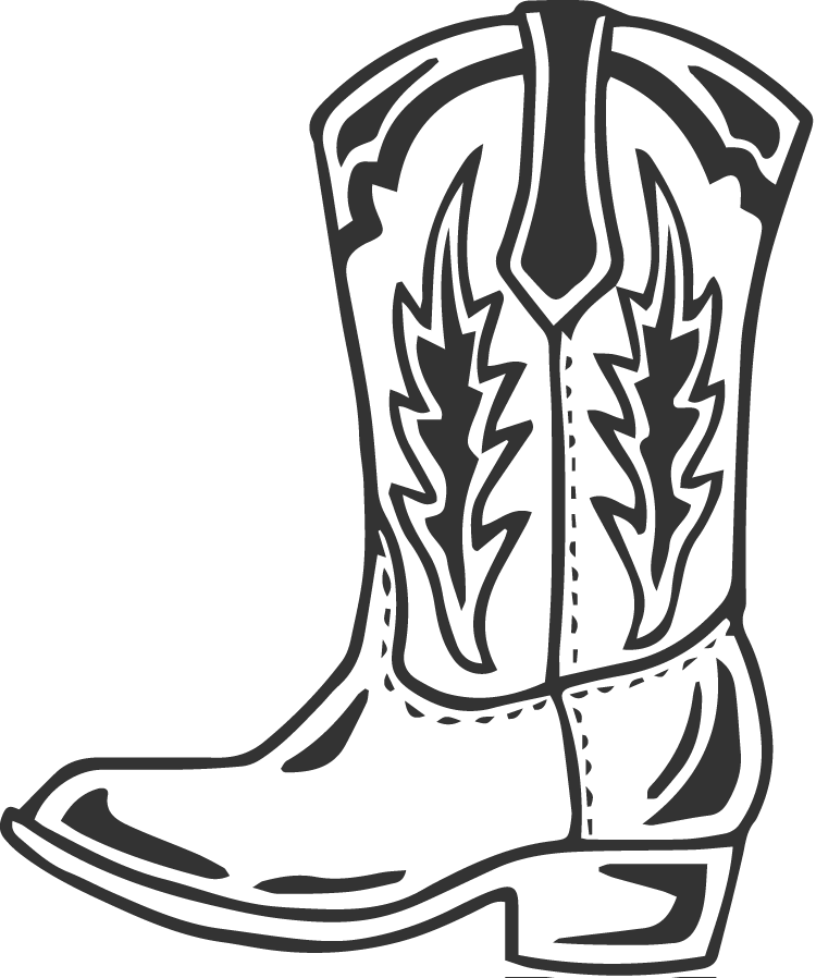 Black and white line drawing of a cowboy boot with decorative stitching and textured details.