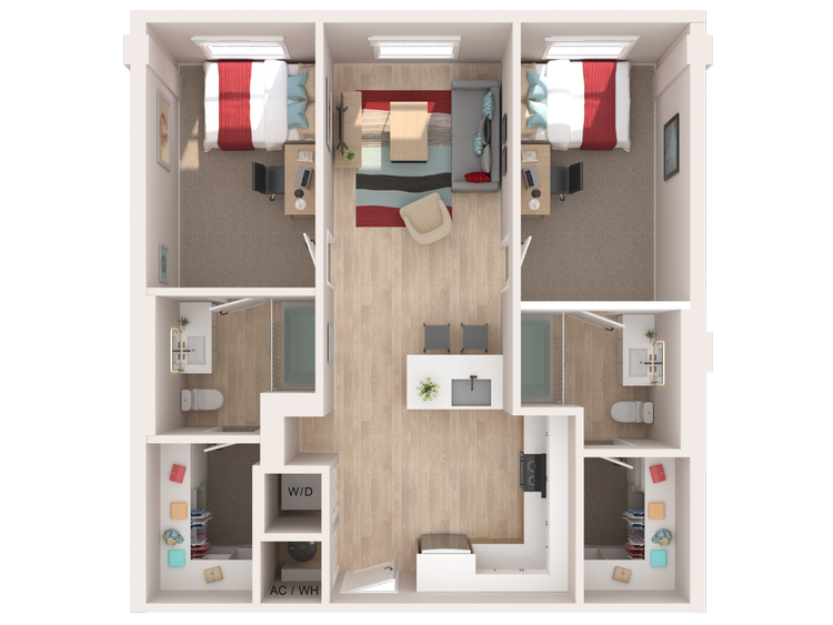 The Penny on College Main The Casey floor plan, 888 square feet, 2 bed 2 bath in College Station, TX