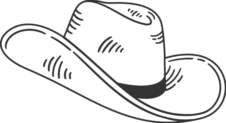 Black cowboy hat with a wide brim and creased crown.