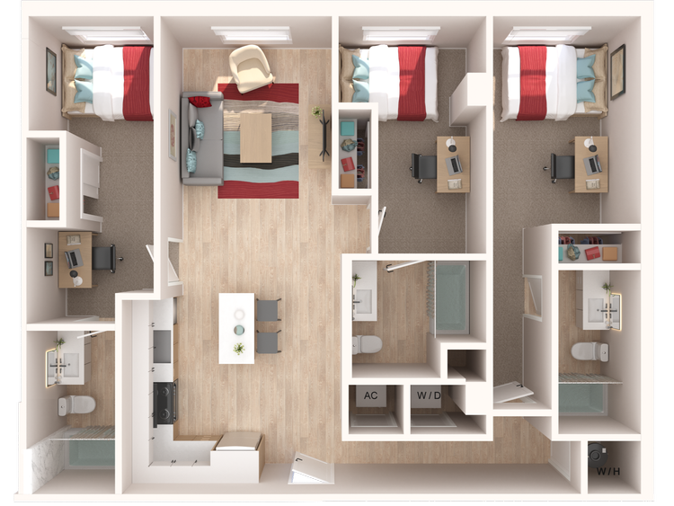 The Penny on College Main The Exchange floor plan, 1,153 square feet, 3 bed 3 bath in College Station, TX