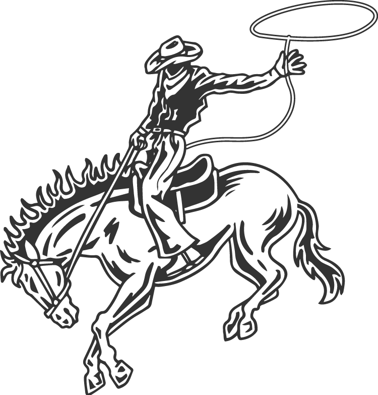 Line drawing of a cowboy riding a bucking horse, holding a lasso in one hand and a whip in the other, wearing a cowboy hat.