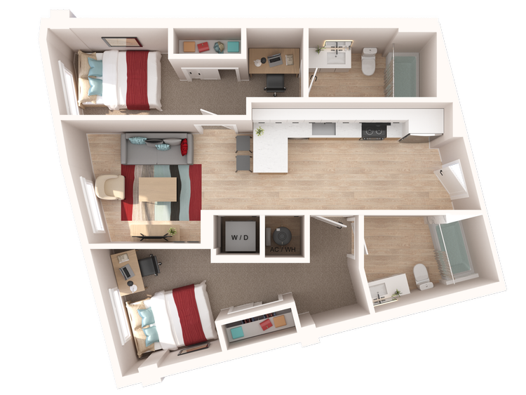 The Penny on College Main The Copper floor plan, 774 square feet, 2 bed 2 bath in College Station, TX