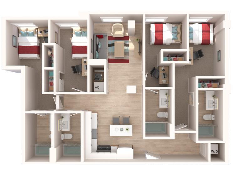 The Penny on College Main The Lincoln floor plan, 1324 square feet, 4 bed 4 bath in College Station, TX