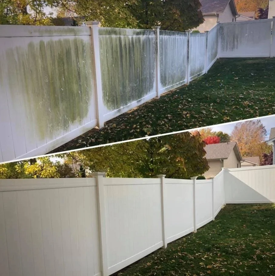 Comparison of a dirty, greenish-white fence before cleaning and a clean, bright white fence after cleaning.