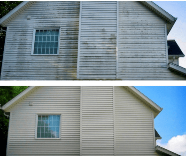 Comparison of a house's exterior before and after cleaning and siding replacement, showing a dirty, weathered siding on top and clean, new siding on the bottom.