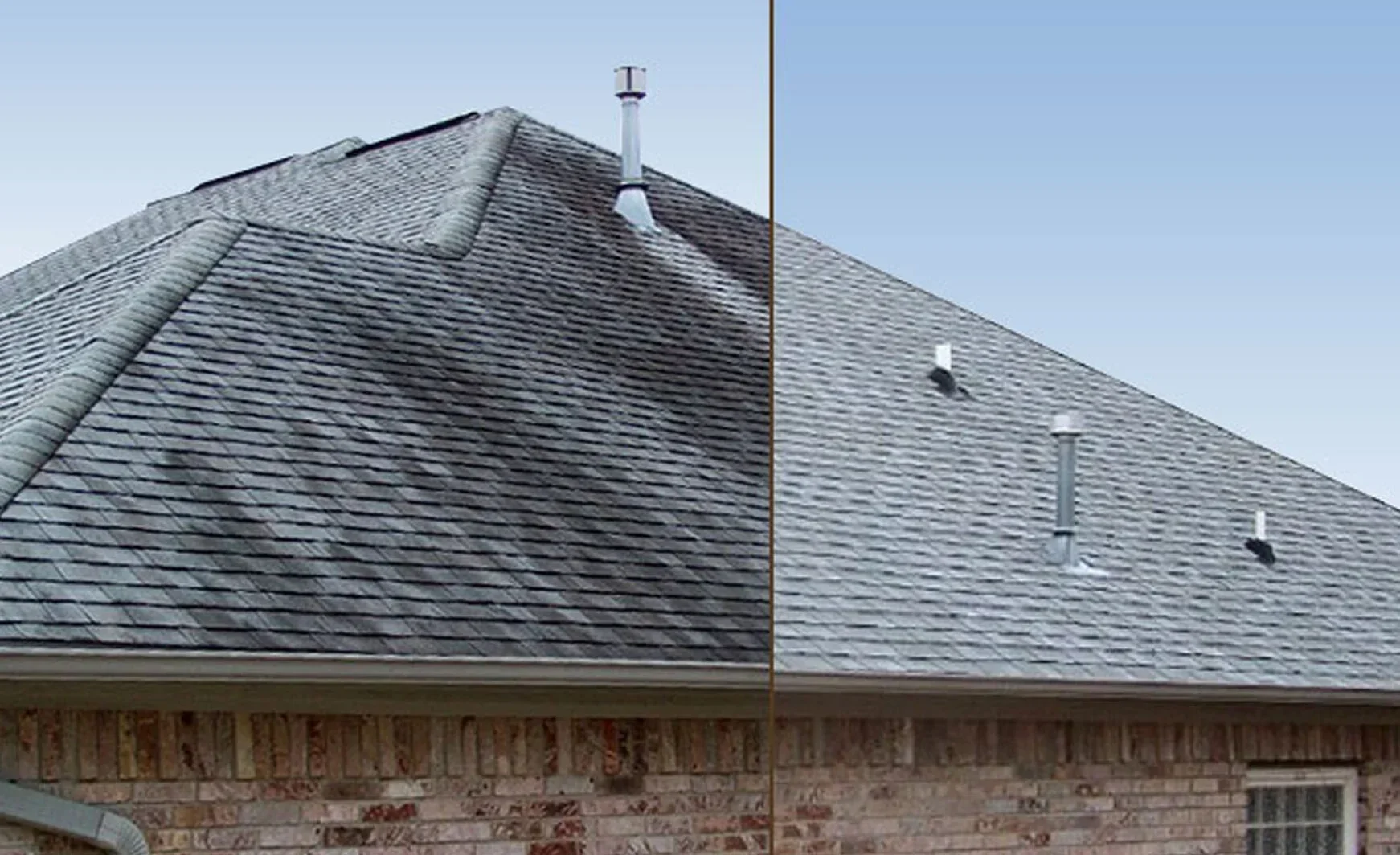 Side of a house with a brick exterior and a sloped roof covered in gray shingles, featuring multiple vents and a chimney.