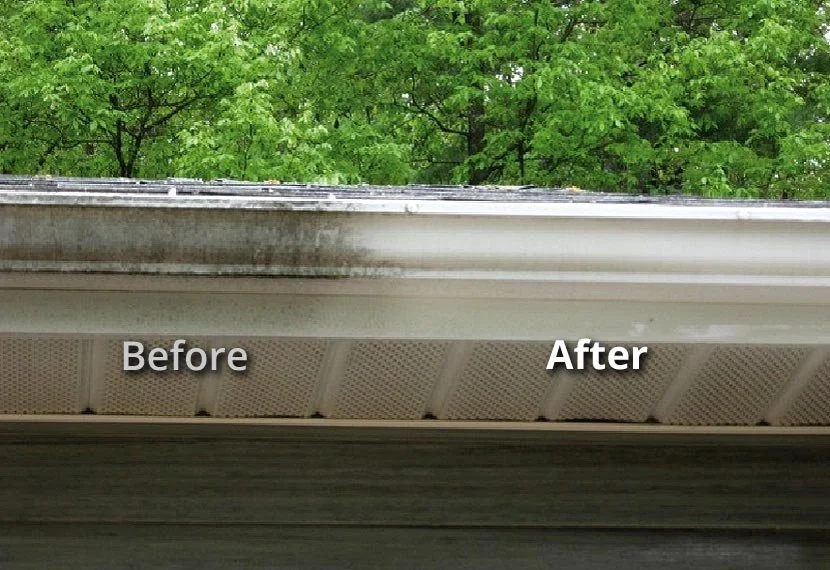 Comparison image showing the house gutter before and after cleaning; the 'before' side is dirty and clogged, the 'after' side is clean and clear.