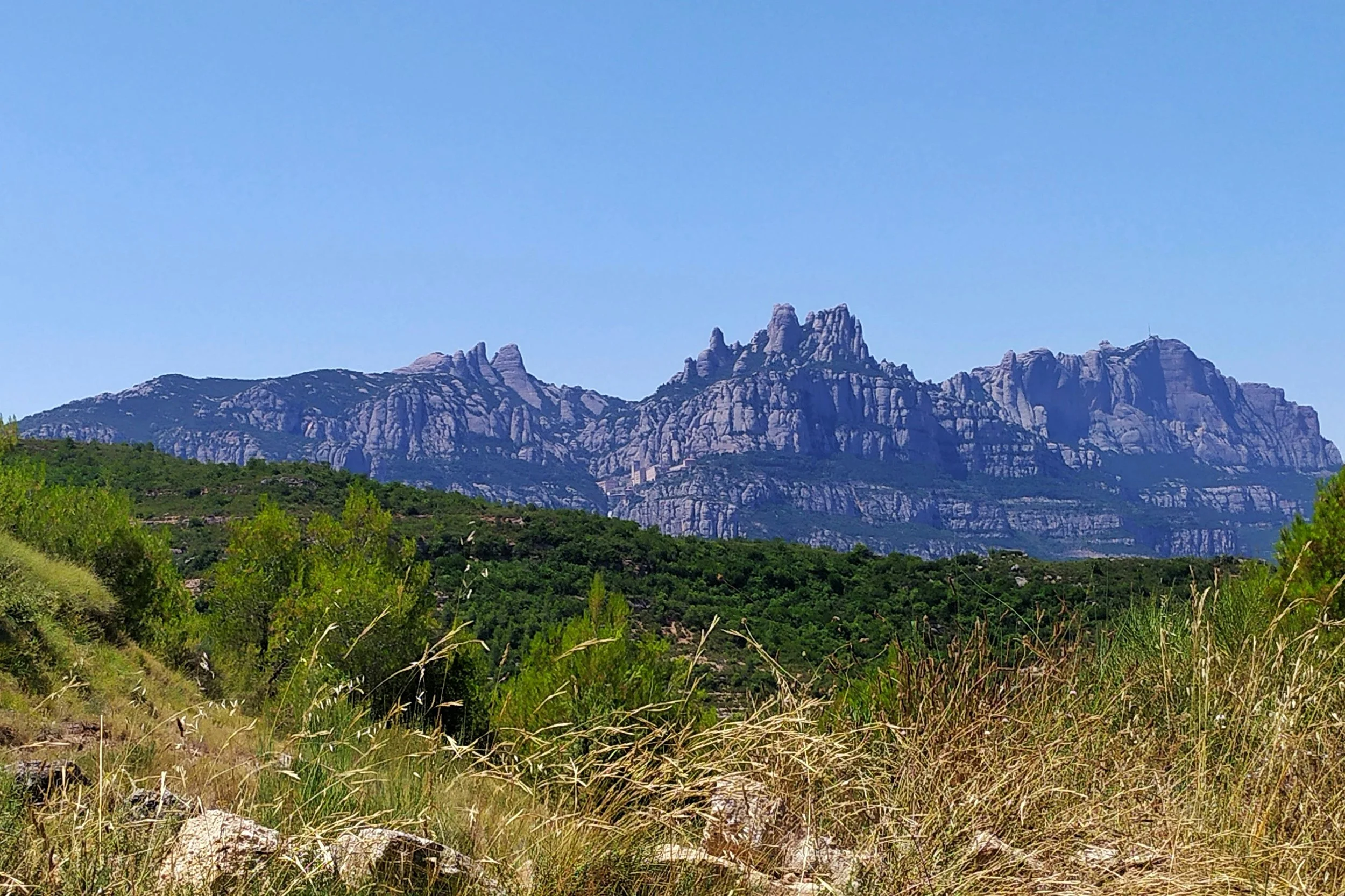 Scenic view of rocky mountain peaks with green vegetation in the foreground and a clear blue sky.