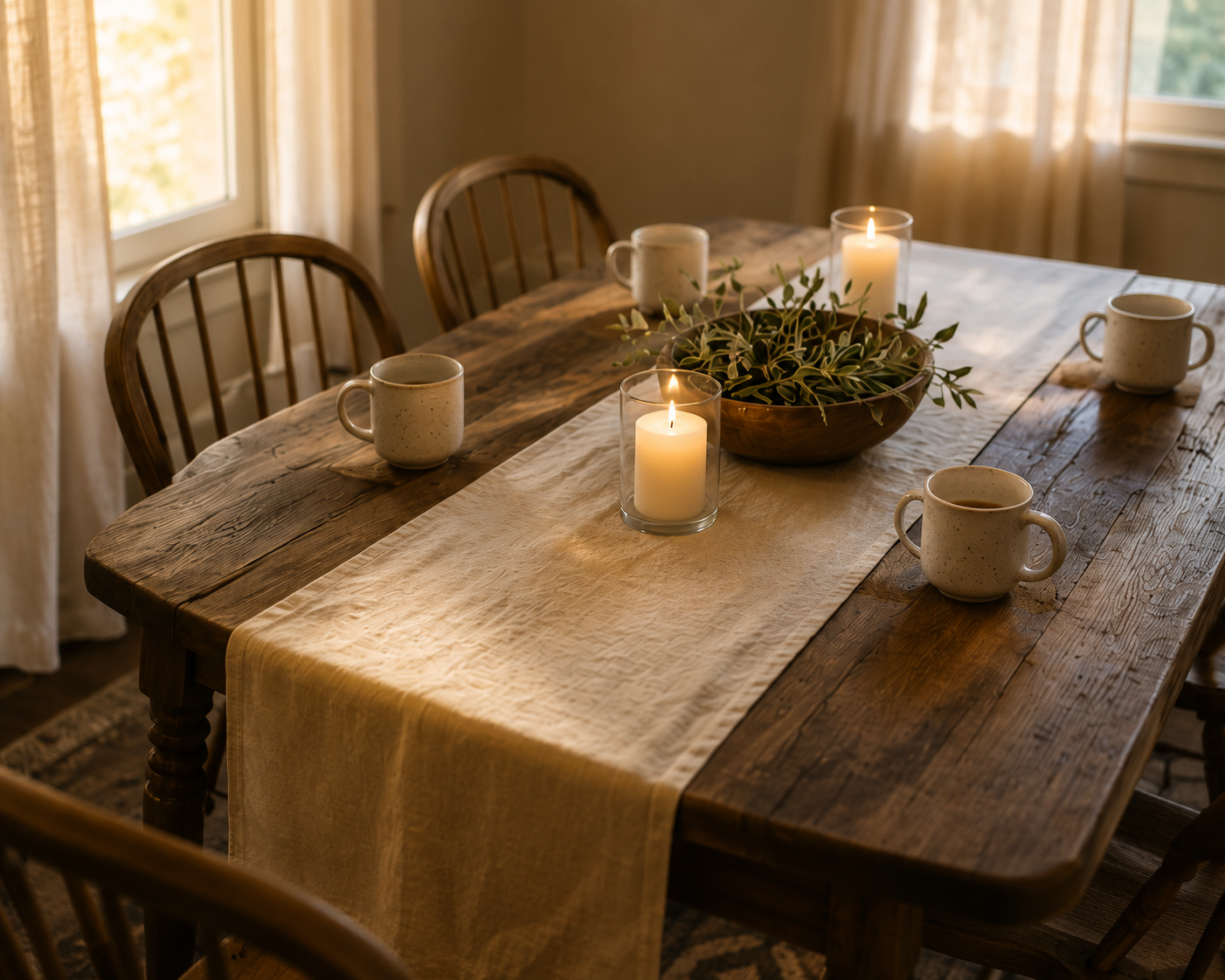 A wooden dining table with a cream-colored table runner, candle holders with lit candles, a wooden bowl with green foliage, and five ceramic mugs in a cozy, sunlit room with beige curtains.