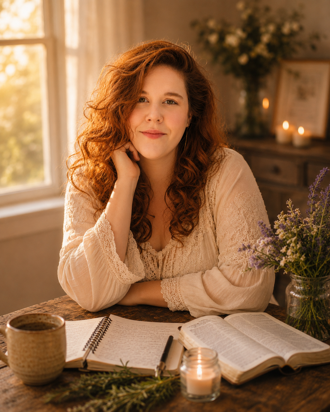 A woman with curly red hair sitting at a table with open books, a notebook, a pen, a cup of coffee, a lit candle, and a vase of purple flowers, in a warmly lit room with a window and candles in the background.