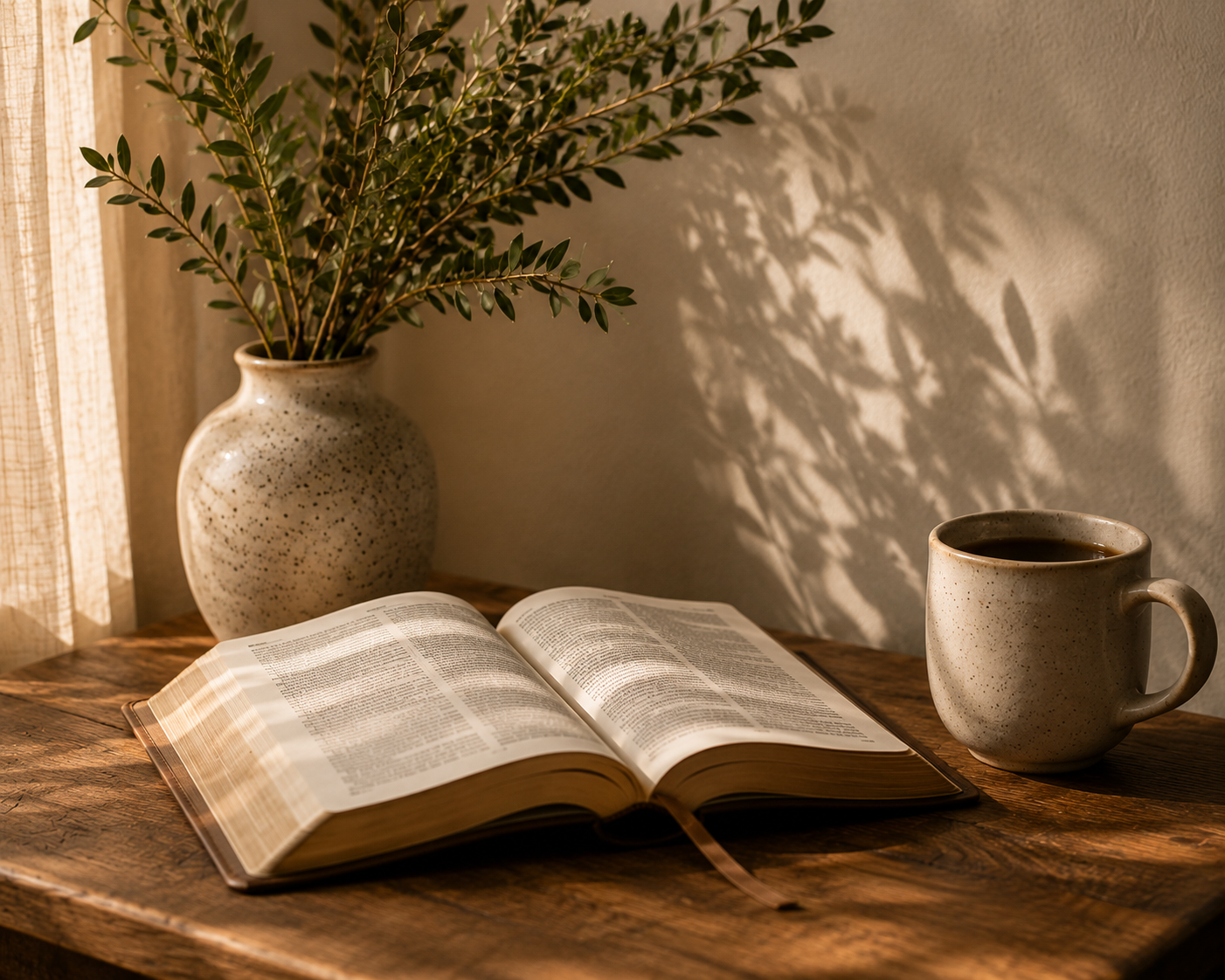A cozy scene with an open book, a ceramic mug filled with coffee, a speckled ceramic vase with green leafy branches, on a wooden table near a window with sunlight casting shadows.
