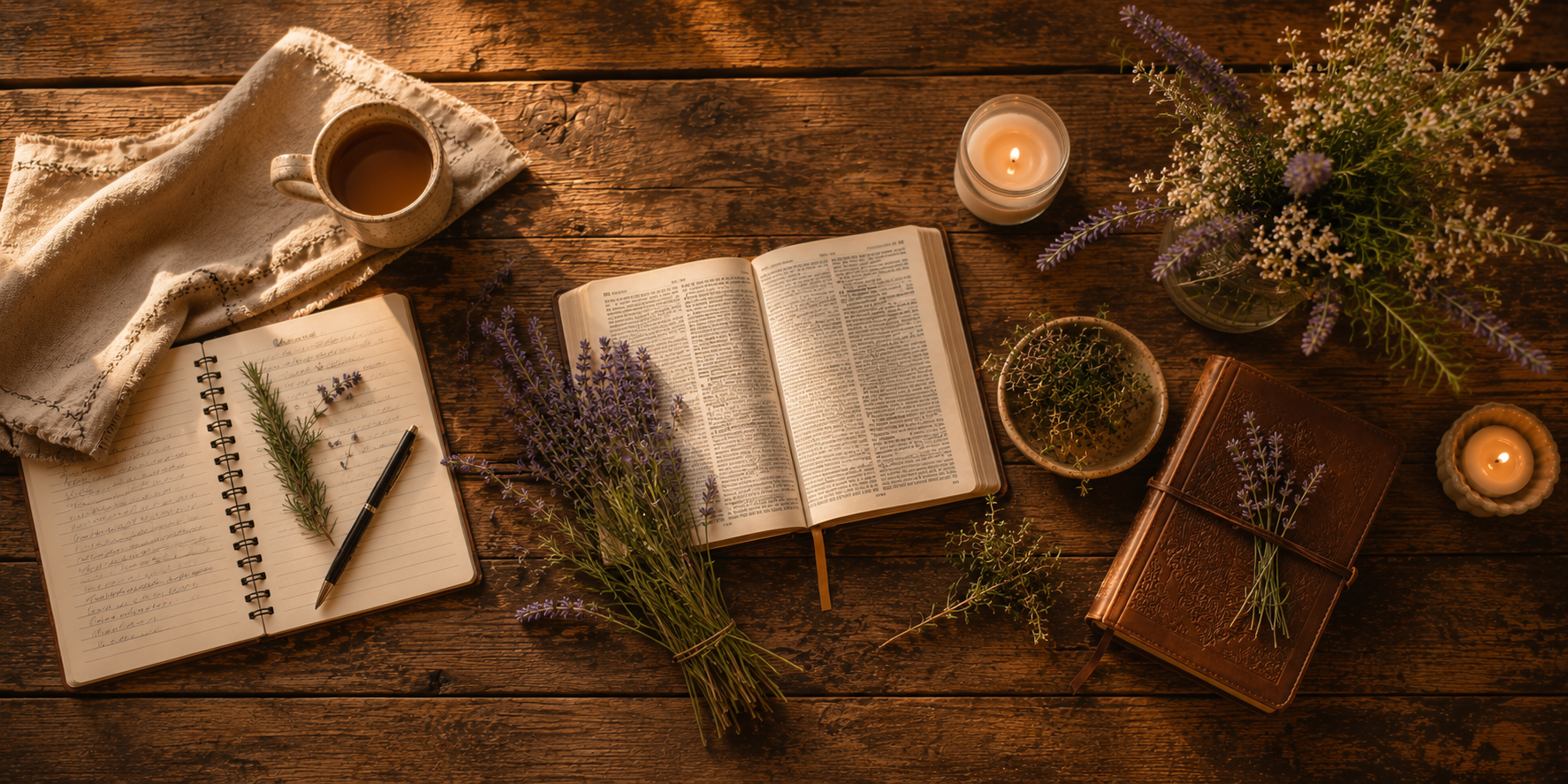 A cozy wooden table with open books, notebooks, a pen, a mug of coffee, candles, and vases of lavender and other small flowers.
