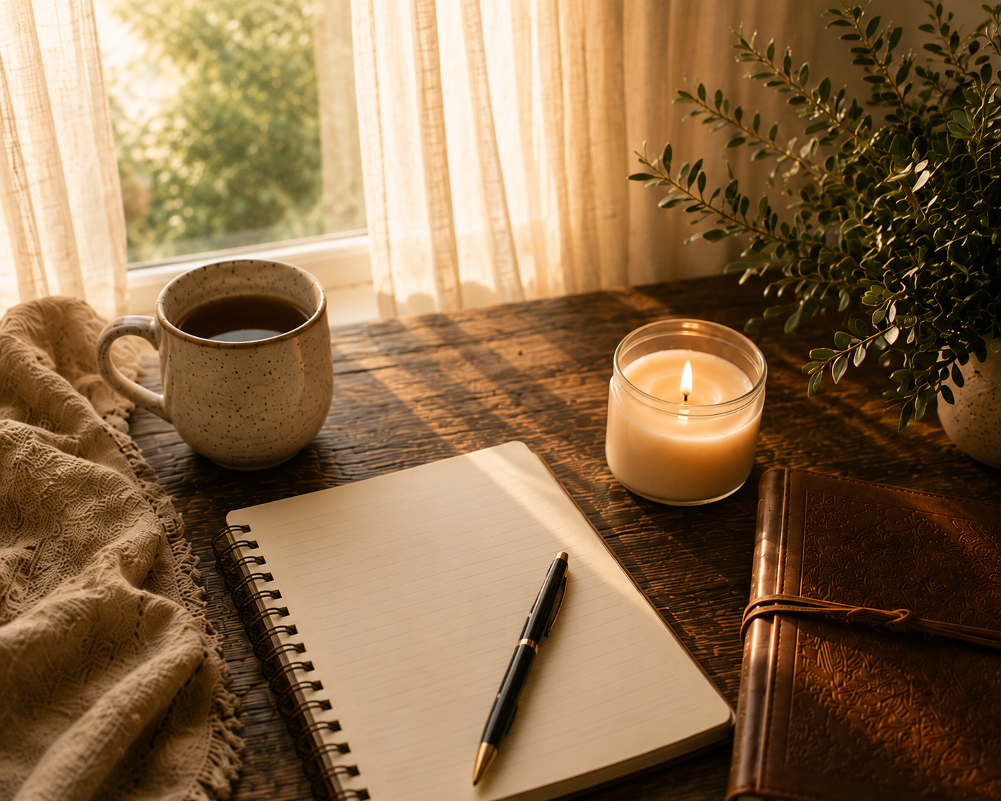 A cozy workspace with a notebook and pen on a wooden table, a mug of coffee, a lit candle, a closed leather-bound journal, and a green plant near a window with beige curtains.