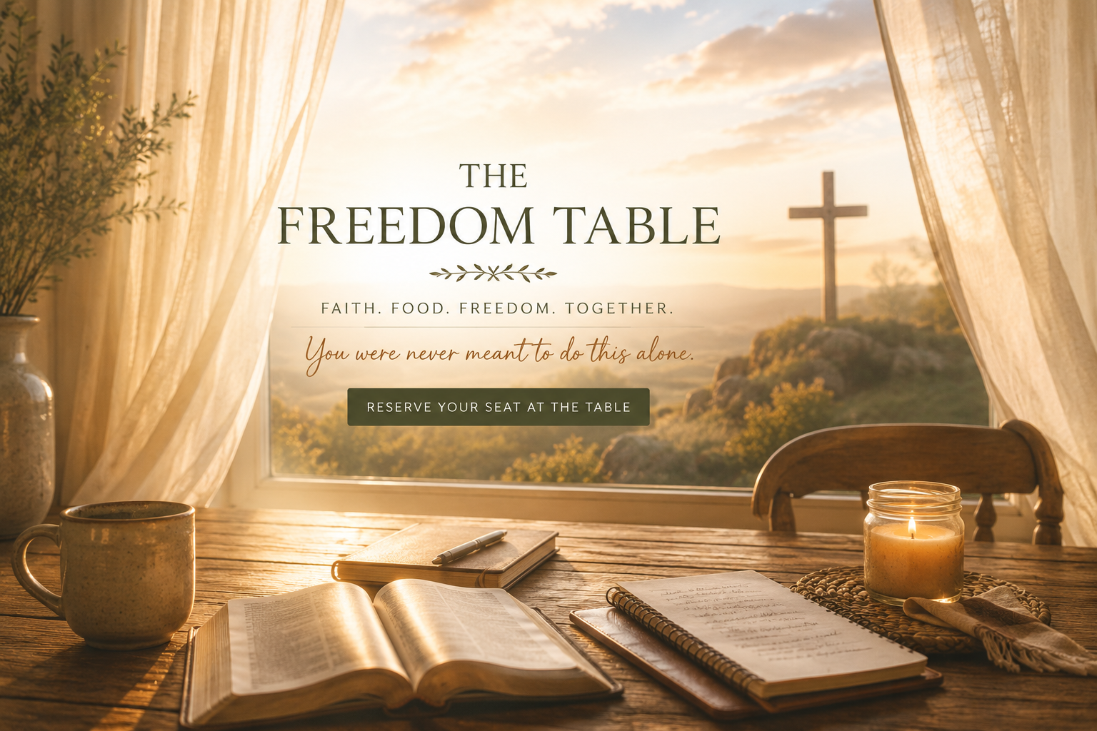 A wooden table with an open Bible, notebooks, a pen, a lit candle in a jar, a cloth, and a mug, set in front of a window with cream curtains, overlooking a landscape with a cross on a hill during sunset.
