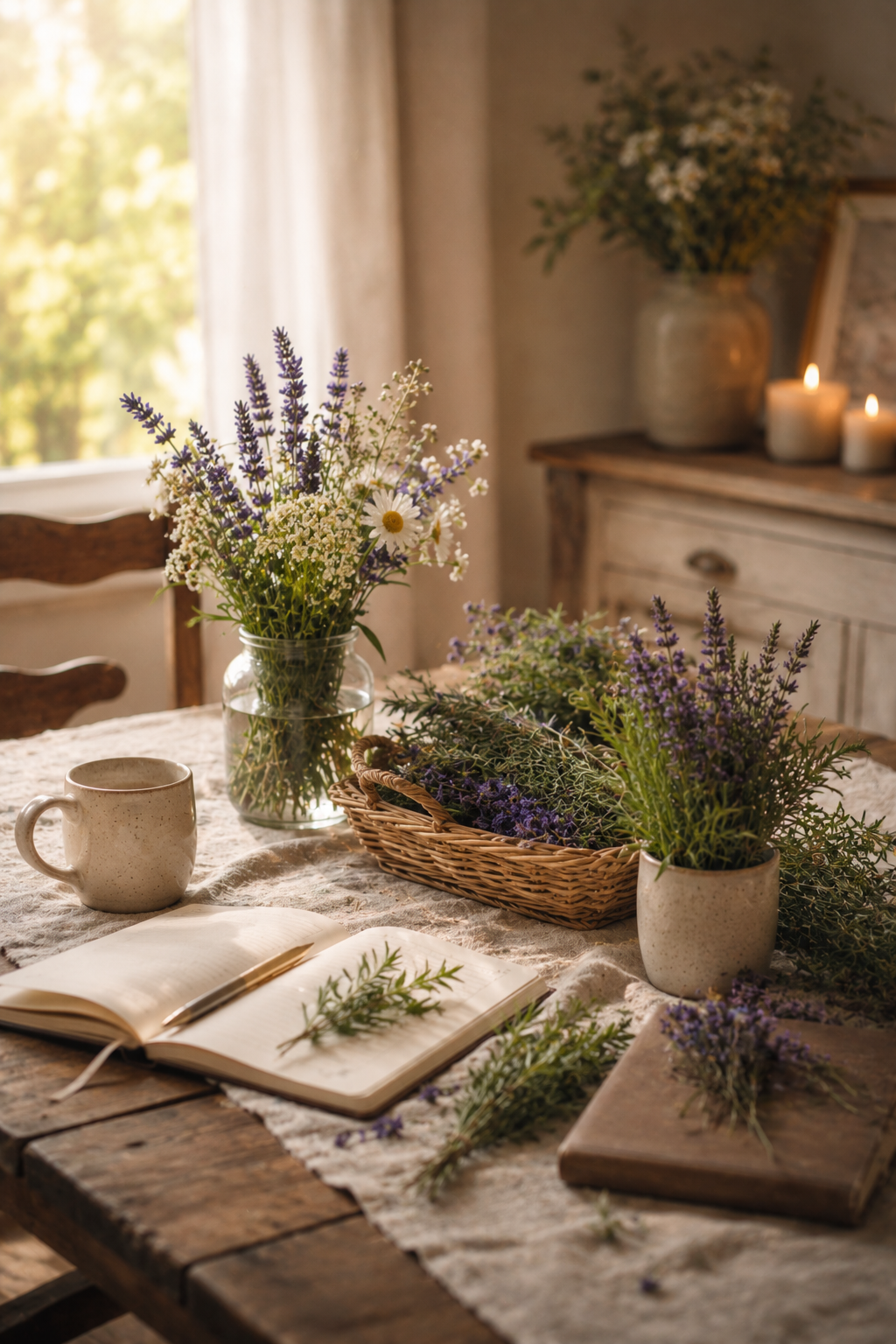 A rustic wooden table decorated with fresh and dried lavender, a notebook with a sprig of lavender, a ceramic mug, and a glass vase with a bouquet of wildflowers, set in a sunlit room with candles and a dresser with vases and candles in the background.