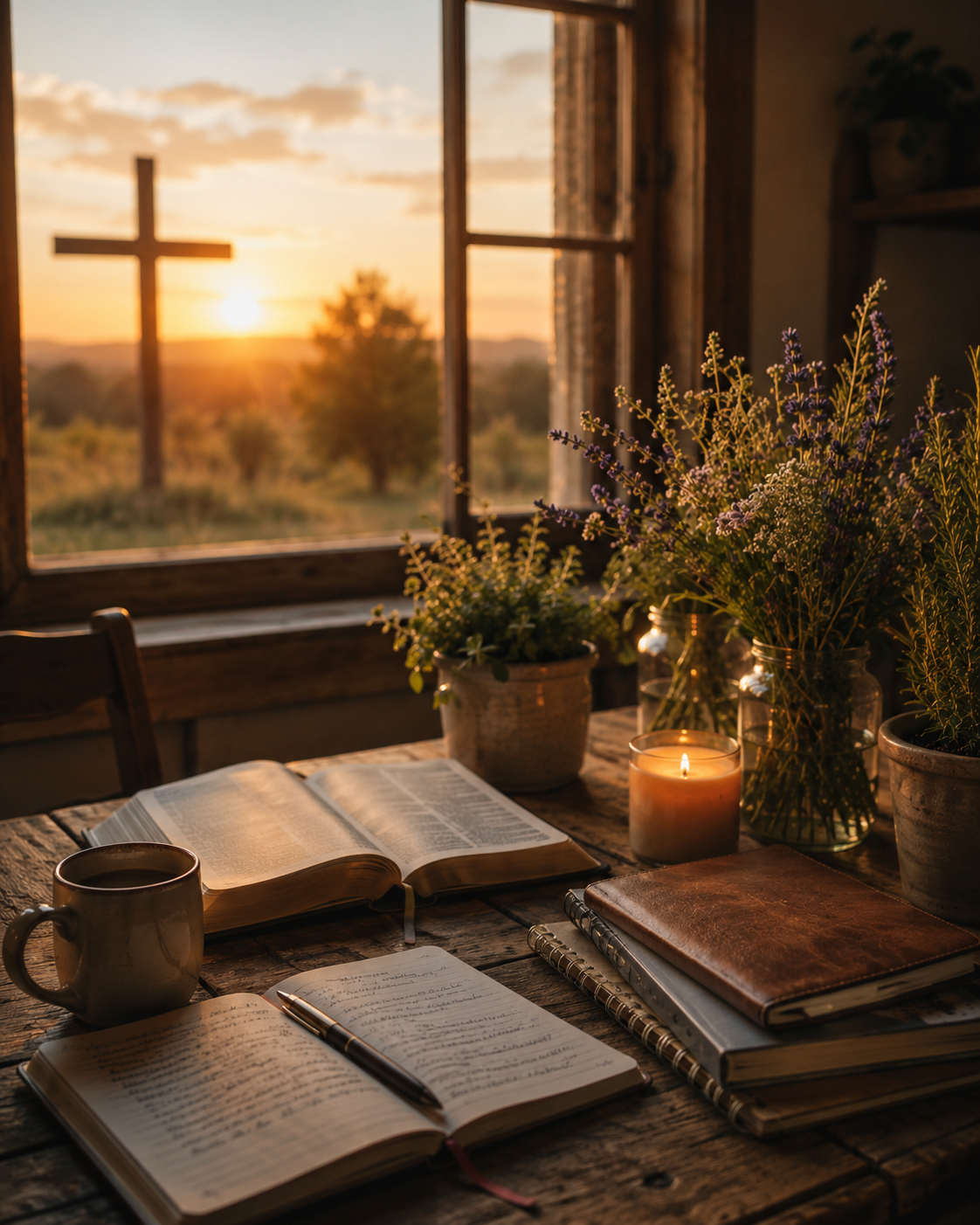 A rustic wooden table with books, notebooks, a pen, a mug, and a lit candle inside a cozy room with an open window. Outside, the sun is setting over a countryside landscape with a cross visible in the distance, creating a warm, peaceful atmosphere.