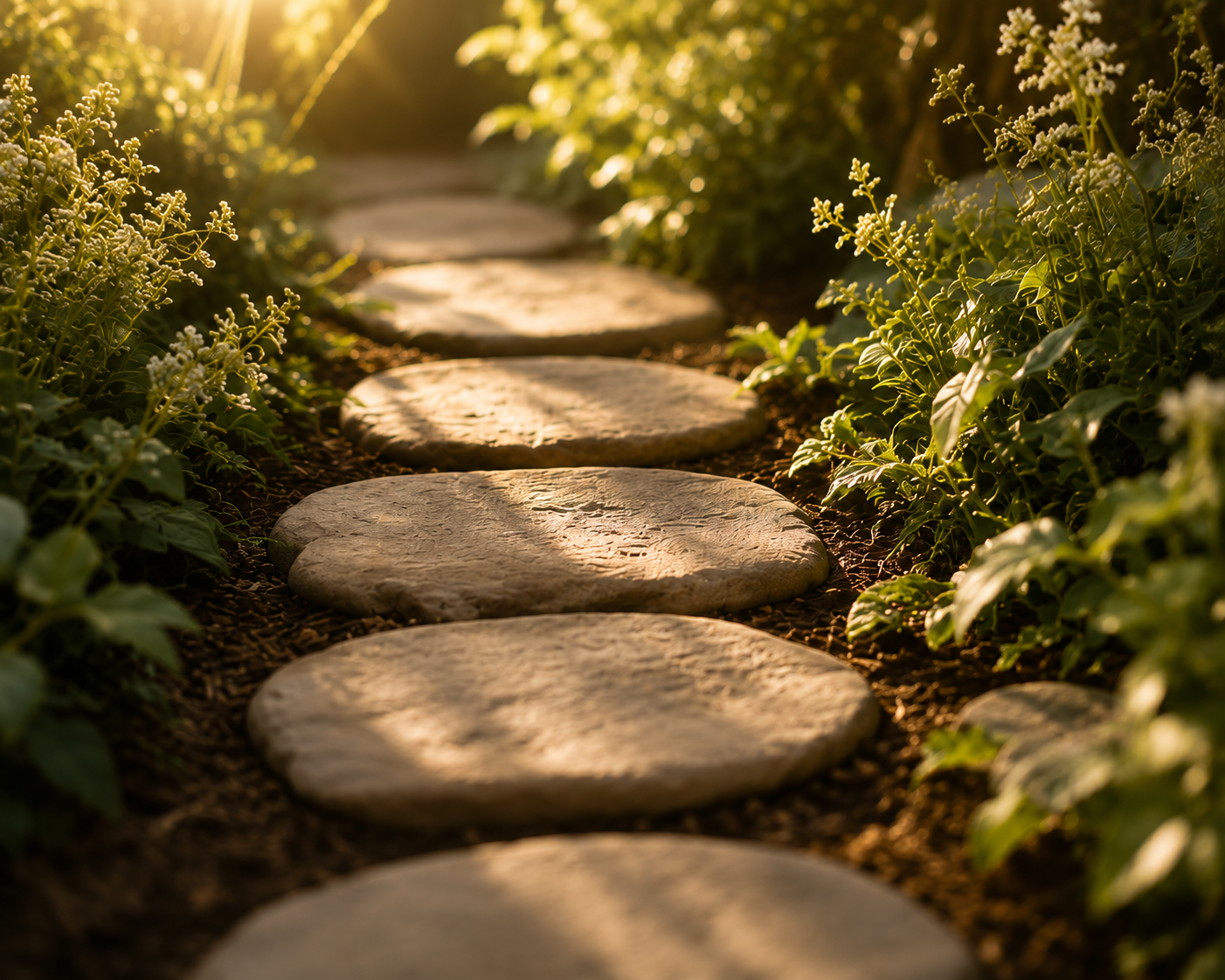 A stone pathway with large, flat stones surrounded by green plants and white flowers, illuminated by warm sunlight.