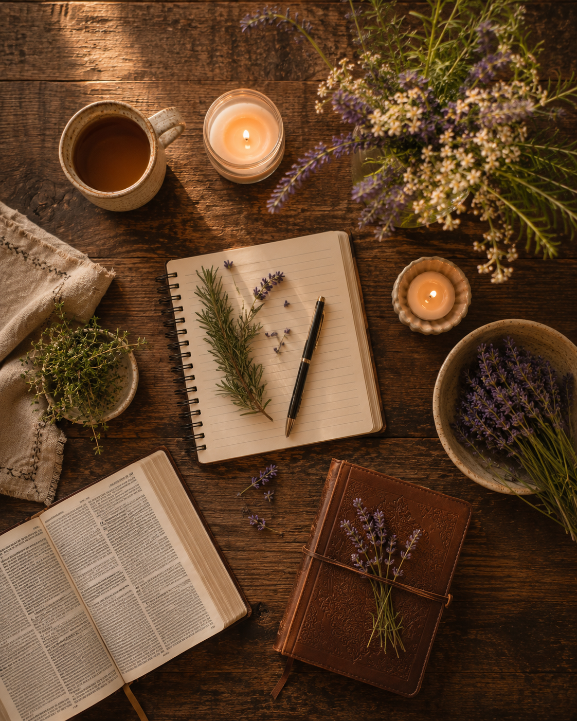 A wooden table with an open Bible, a lined notebook with a pen, a sprig of rosemary, and scattered lavender. There are potted lavender plants, a candle, and a large bouquet of lavender flowers. A cup of tea and small candles add to the cozy setting.