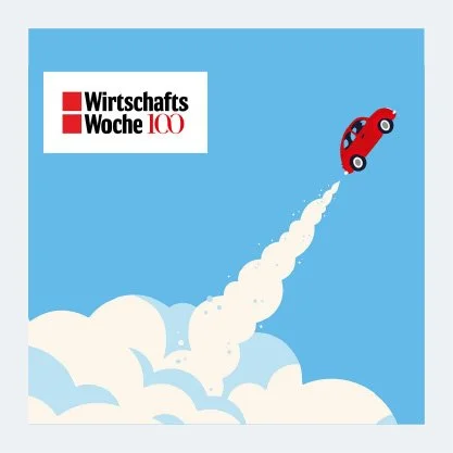 A red car appears to launch into the sky, leaving a trail of smoke or exhaust behind it, with clouds below and a clear blue sky in the background. The image includes the logo of WirtschaftsWoche.