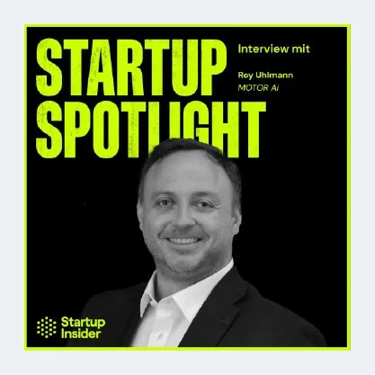Cover of a magazine or book titled 'Startup Spotlight' featuring a portrait of Roy Uhlmann, with text indicating an interview with him about Motor AI, and branding from Startup Insider.