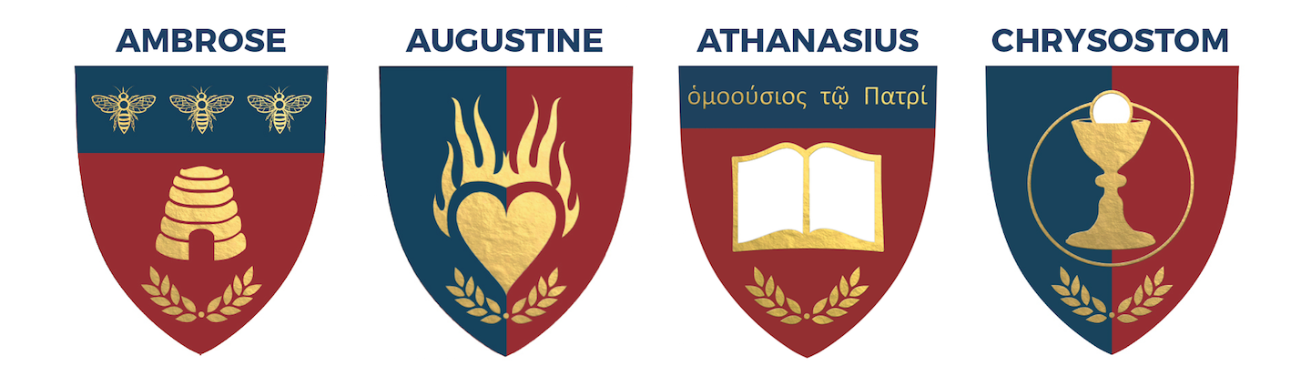 Four heraldic shields, each labeled with a name: Ambrose, Augustine, Athanasius, and Chrysostom. Each shield features symbols in gold and design elements with blue and red backgrounds.
