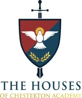 A shield logo featuring a white dove, a yellow halo, and olive branches, with a sword and shield above and below, and the text 'THE HOUSES OF CHESTERTON ACADEMY' below.