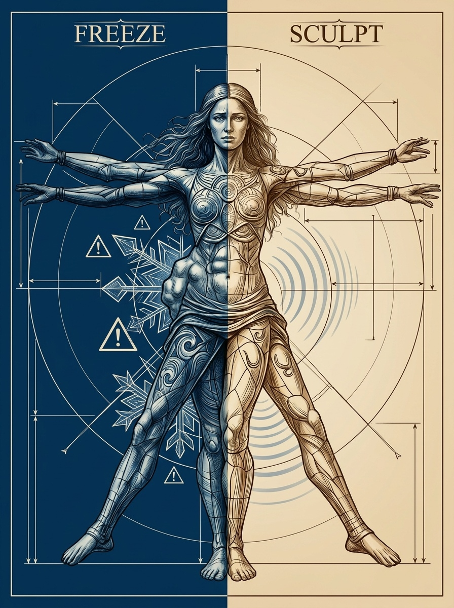 Technical illustration comparing CoolSculpting cryolipolysis to ultrasonic fat cavitation