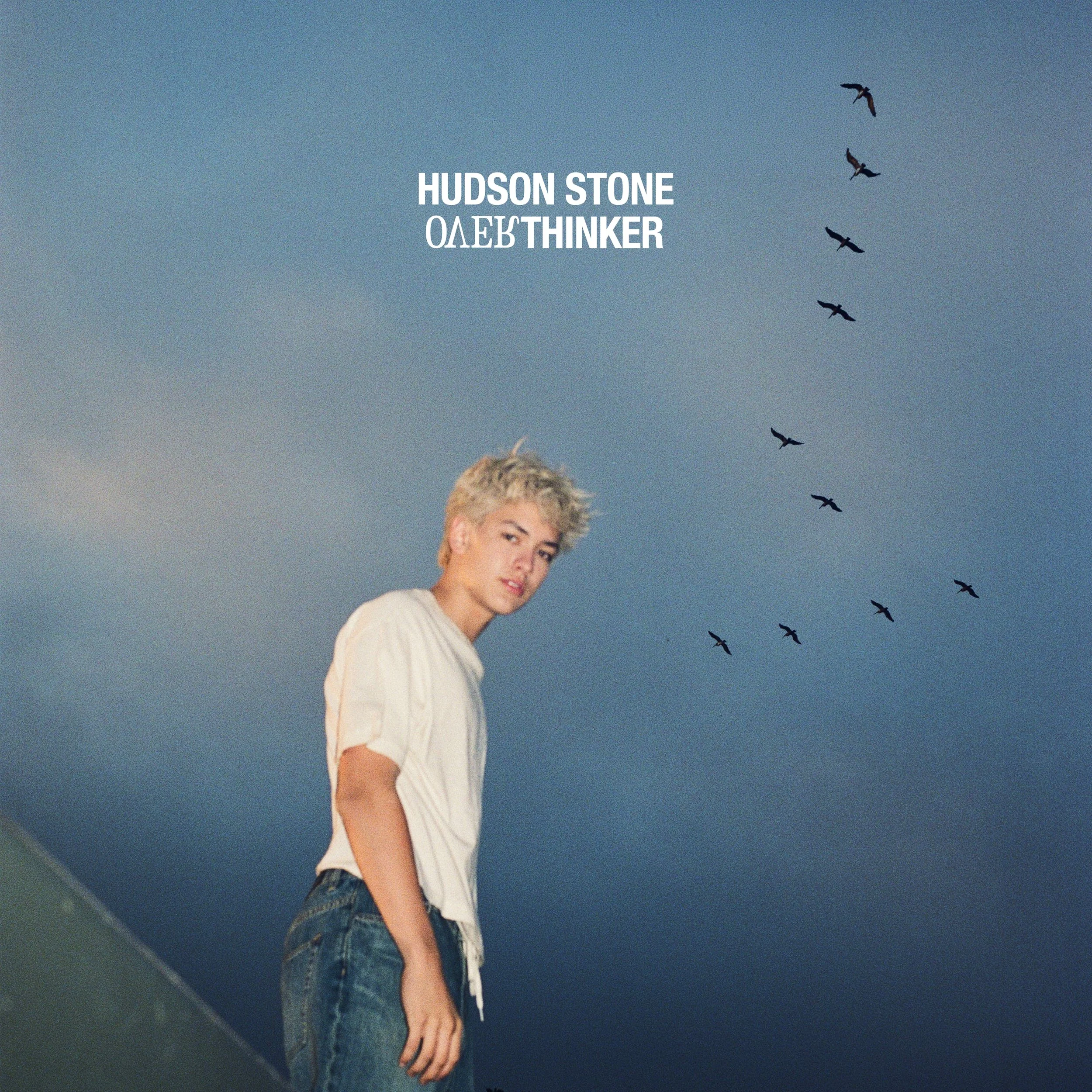 Partially visible young person with short blond hair in front of a blue sky with birds flying.
