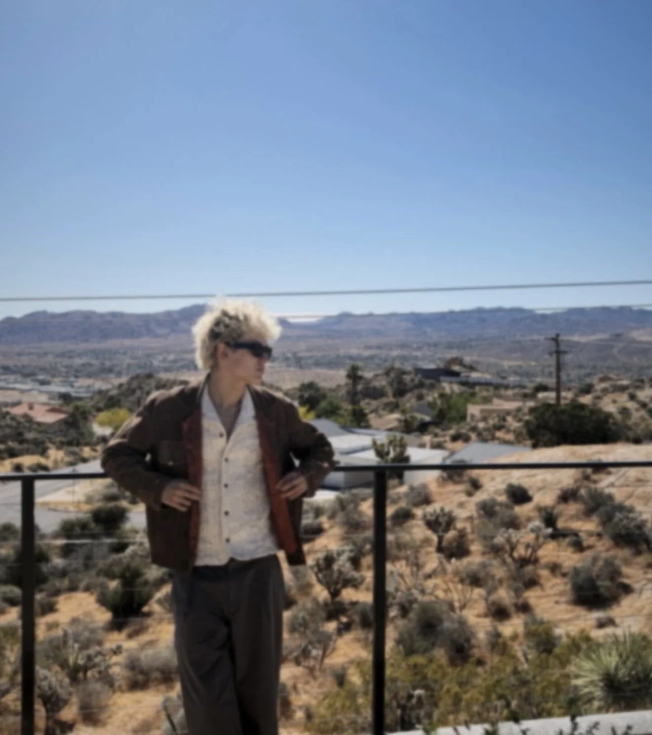 A person with curly blond hair wearing sunglasses and a brown jacket stands outdoors with arms akimbo, overlooking a desert landscape with mountains in the distance under a clear blue sky.