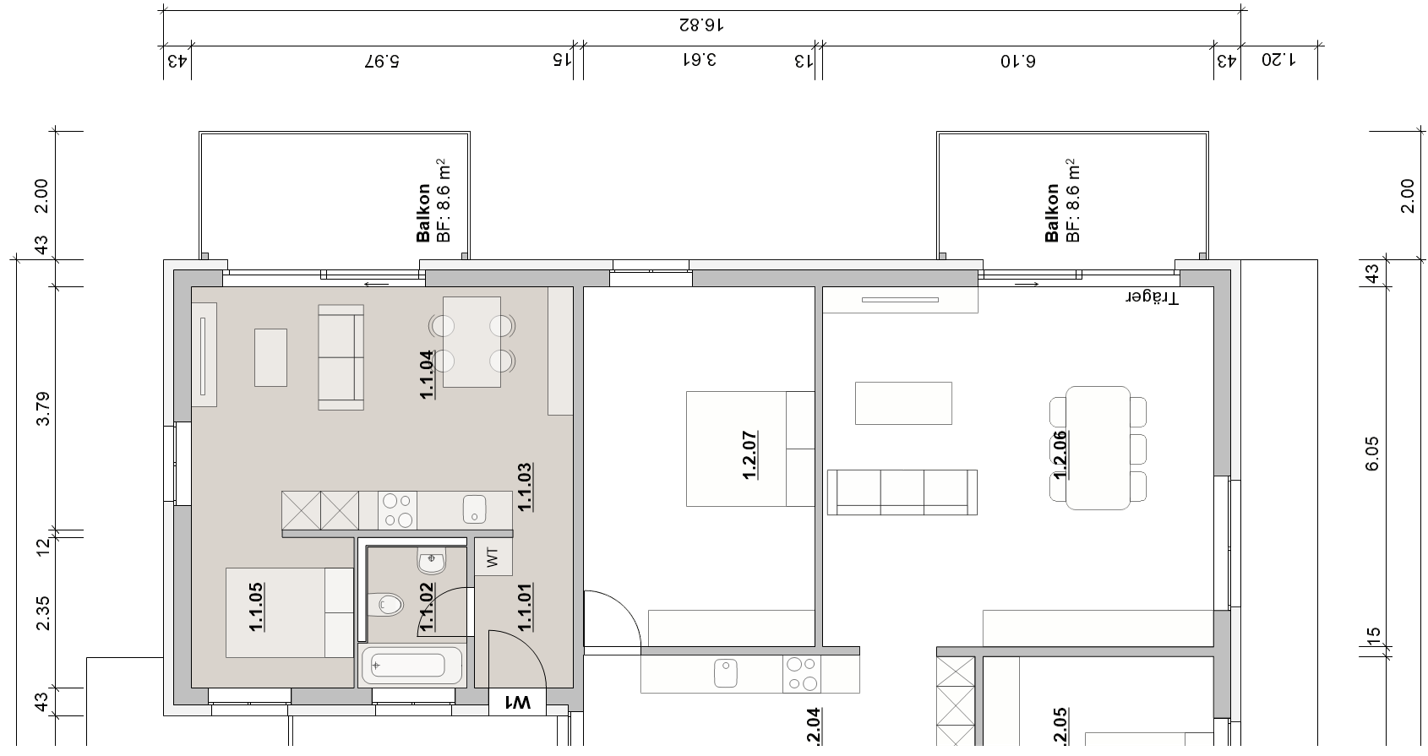 Grundriss 1-Zimmer-Wohnung, 36.5 m², Poststrasse 1 Obfelden