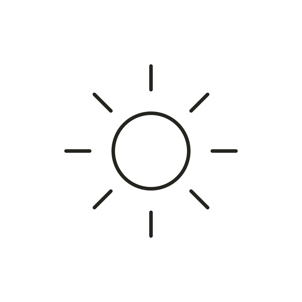 Geometrische Zeichnung eines Kreises mit acht strahlenförmigen Linien, Symbol für Sonne/Tageslicht.