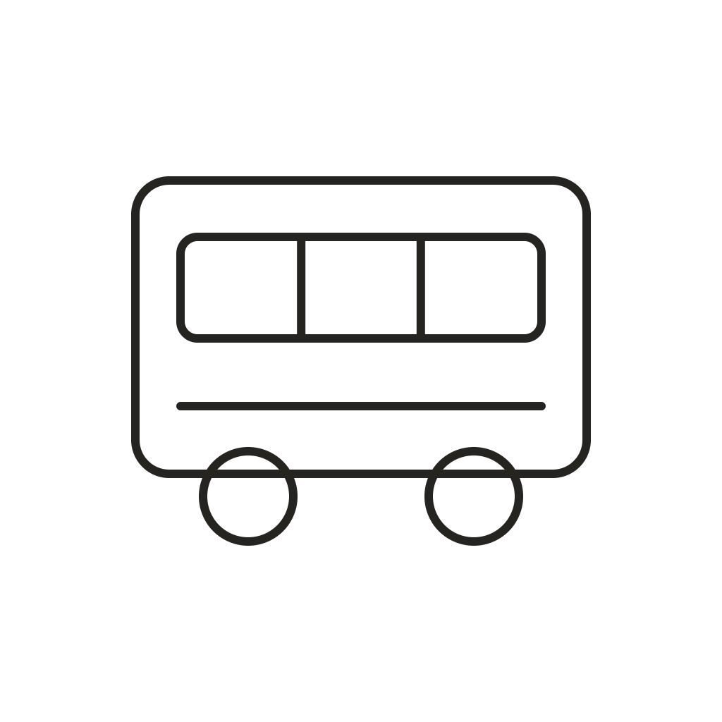 Geometrische Zeichnung eines Rechtecks auf zwei Rädern, Symbol für Bus/ÖV-Anbindung.