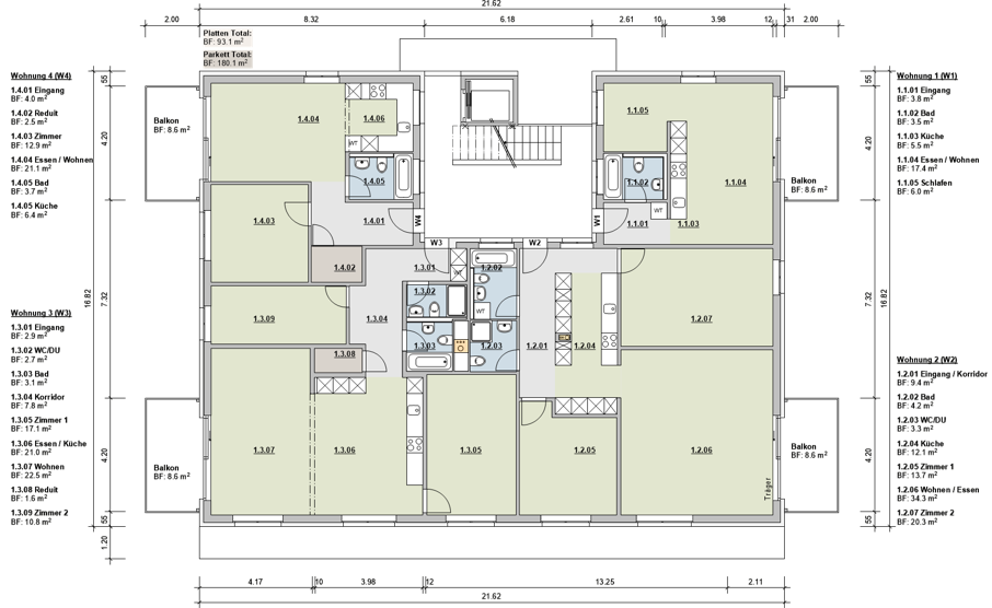 Grundrissplan aller Wohnungen im Haus Poststrasse 1 Obfelden